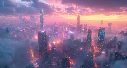 Fototapeta premium A digital cityscape in a neon-drenched sci-fi anime, bustling with activity