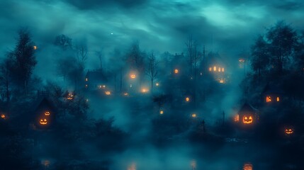 Obraz premium haunting foggy graveyard with glowing jack-o'-lanterns for Halloween