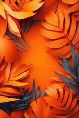 Orange Tropical Leaves Frame Wallpaper, Modern Botanical Border Wallpaper, Design for Nature-Themed Art and Stylish Backdrops, Copy Space for Text