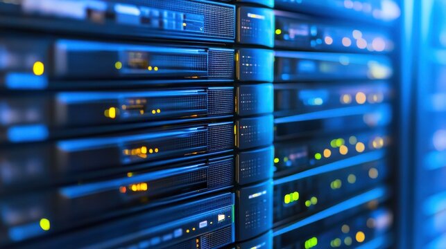 Server Racks with Animated Light Pulses in Low Lighting