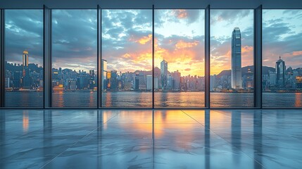 Fototapeta premium Empty square floor framed by a city skyline, featuring a modern urban plaza and towering skyscrapers in a dramatic perspective