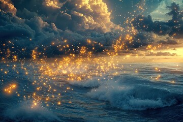 Fototapeta premium Golden Lights Dance Upon Ocean Waves Under Dramatic Clouds