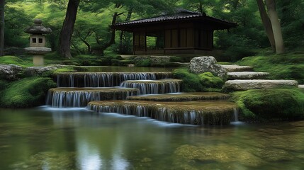 Serene Japanese Garden Waterfall Cascading Tranquility