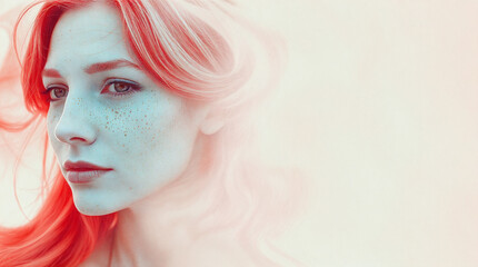 Naklejka premium Artistic portrait of a woman with red hair and freckles with copyspace
