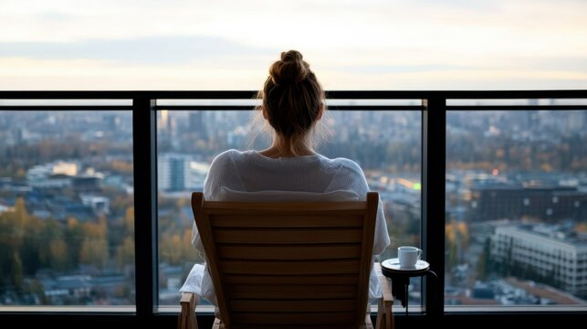 A woman enjoys serene solitude on a balcony chair, overlooking a sprawling cityscape as twilight descends, offering a moment of reflection.