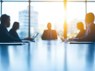 Business meeting takes place in a modern office with bright sunlight illuminating the team