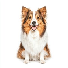 A cheerful, fluffy Shetland Sheepdog dog sitting proudly, showcasing its vibrant fur and friendly demeanor, perfect for pet lovers and animal enthusiasts.