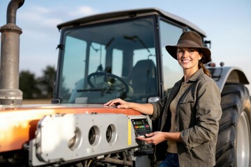 Fototapeta premium Female farmer standing on of tractor machinery on farm