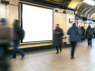 Busy subway station with commuters moving quickly past an empty advertisement space in a bustling urban environment
