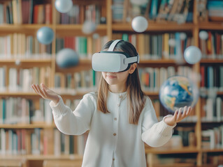 Child explores virtual reality while learning about planets in a library setting