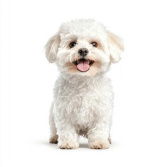 A cheerful fluffy white Bichon Frise with a playful demeanor, showcasing its adorable features and vibrant personality.