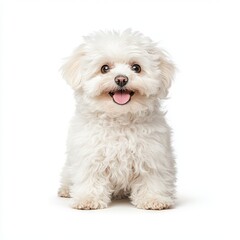 A cheerful fluffy white Bichon Frise with playful eyes, embodying happiness and joy in a charming pose against a clean background.