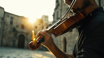 Melodic street performance at sunset: violinist playing captivating music