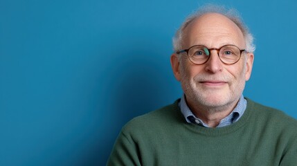 Obraz premium Portrait of a smiling elder with round glasses and green sweater against a vibrant blue background, exuding warmth and friendliness.