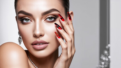 Close-up of beautiful woman face with makeup, hand with manicure