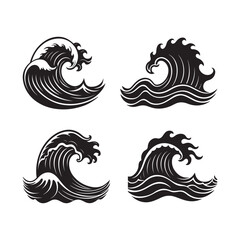 Set of Ocean Waves silhouette, black and white silhouette, vector and illustration