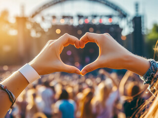 Hands form heart shape during lively outdoor concert at sunset with crowd enjoying music