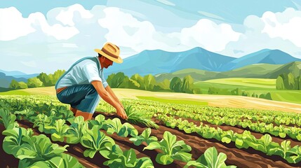 Farmer Tending Rows Of Lush Green Crops In Scenic Landscape