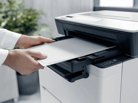 Loading paper into a multi-function printer in a modern office environment during daylight hours