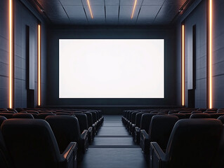 Movie theater interior with empty seats and large blank screen ready for a film presentation in evening setting