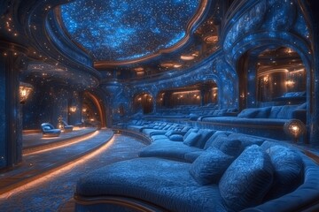 Elegant cruise ship theater featuring a starry backdrop and luxurious blue seating, ready for an evening of entertainment at sea