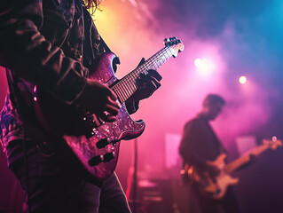 Obraz premium Musicians perform live with electric guitars in a vibrant atmosphere during a concert