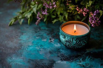 A vibrant, fresh-scented candle next to a polished table, symbolizing tranquility and cleanliness in every corner, with copy space.