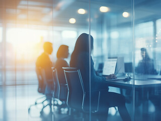 Professionals engaged in a collaborative work session in a modern office space during the late afternoon