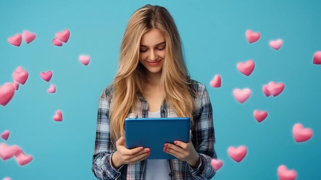 Casual and youthful woman interacting with her device surrounded by pink floating hearts on a blue background.