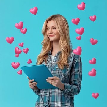Casual and youthful style woman interacting with her device surrounded by floating hearts representing love and connection.