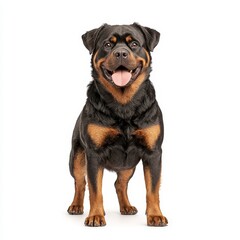 Obraz premium A cheerful Rottweiler standing proudly, showcasing its distinctive black and tan coat, perfect for pet lovers and animal enthusiasts.
