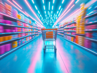 Shopping cart moves through brightly lit aisle in modern grocery store with colorful products on shelves