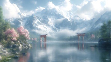 Serene Japanese landscape with torii gates and snow capped mountains