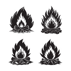 set of campfire silhouette, black and white silhouette, vector and illustration
