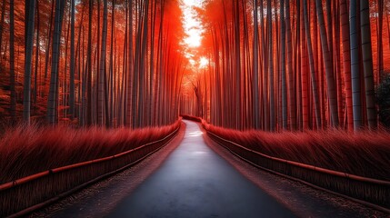 Serene Pathway Through a Red Bamboo Forest