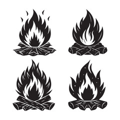 set of campfire silhouette, black and white silhouette, vector and illustration