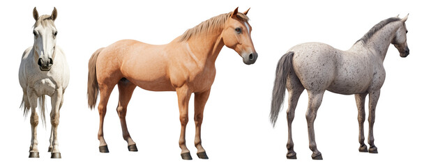 Three horses of different colors, including white, chestnut, and dapple gray. Each horse is isolated on a transparent background, showcasing detailed features.
