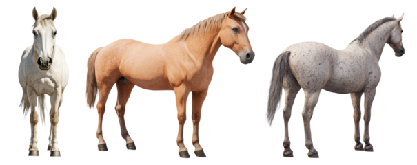 Three horses of different colors, including white, chestnut, and dapple gray. Each horse is isolated on a transparent background, showcasing detailed features.
