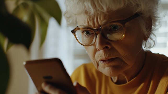 Woman confused by smartphone technology at home