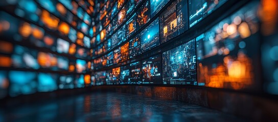 Colorful vibrant channel images on a multimedia streaming wall serve as an abstract entertainment background