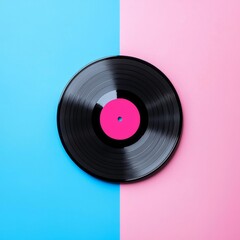 Fototapeta premium A vintage music setup featuring records on a pink and blue wooden backdrop, capturing a nostalgic vibe.
