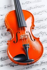 Naklejka premium A glossy violin is displayed from above, set on a table at home with white music sheets.