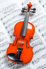 Naklejka premium A top-down view of a gleaming violin placed on a table at home, accompanied by white music sheets.