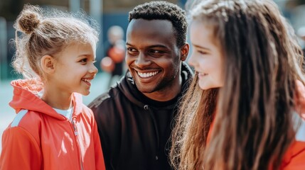 Teaching Children to Play Basketball Together Outdoors