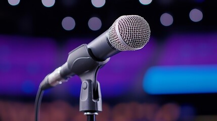 A microphone positioned before an audience. A live performance featuring comedy, music, and theater. Utilizing generative AI.