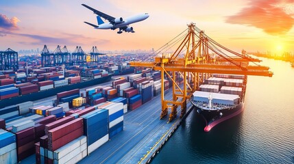 Naklejka premium Aerial view of a cargo plane flying over a ship port Export and import business focusing on smart logistics and international goods shipping