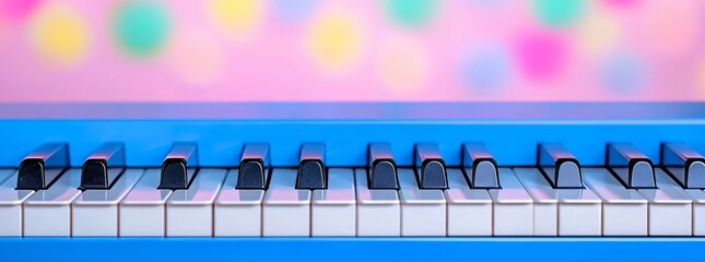 Fototapeta premium A banner for World Music Day featuring a piano keyboard set against a vibrant, abstract dust background, designed with colorful musical instruments.