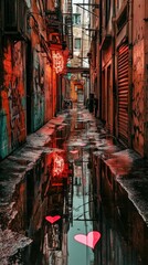 Fototapeta premium Rainy night in an urban alley with heart-shaped puddles and glowing neon lights from a cafe