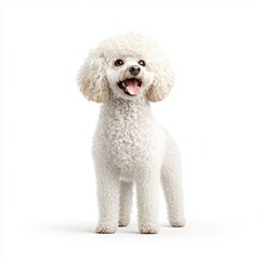 A cheerful white poodle standing against a plain background, showcasing its fluffy fur and playful demeanor.
