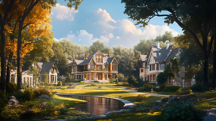 Residential home surrounded by growing wealth in park landscape. Leafen. Illustration